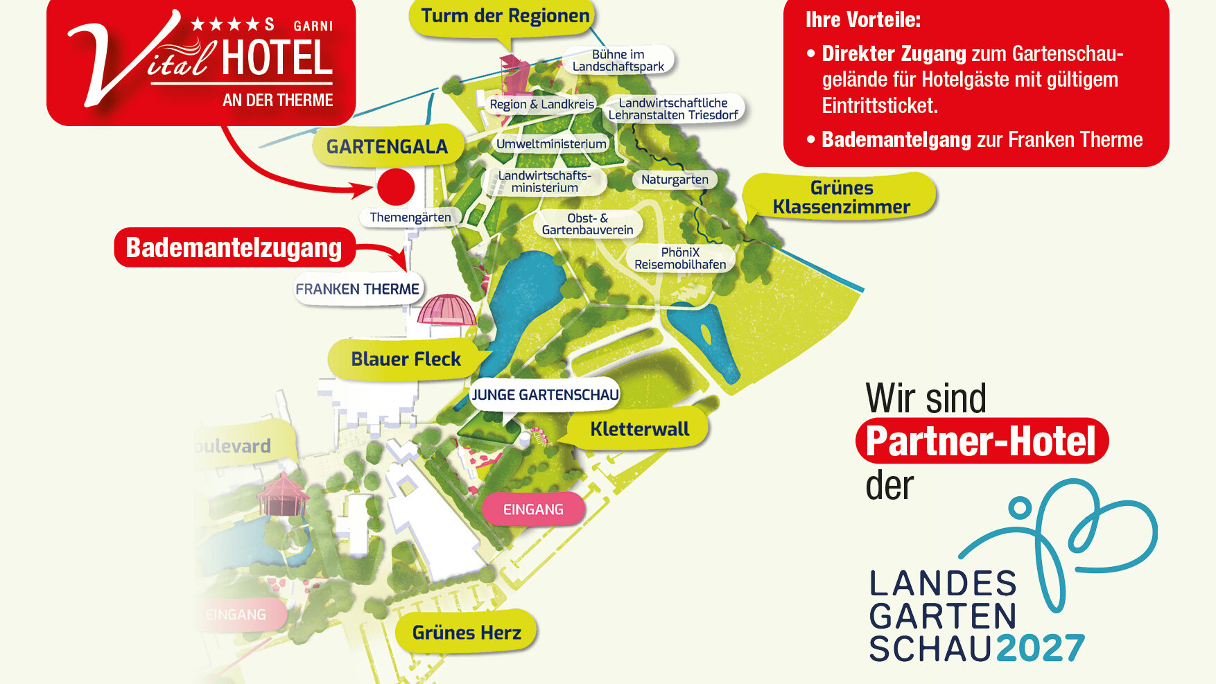 Lageplan der Landesgartenschau Bad Windsheim 2027 mit eingezeichnetem Standort des Vital Hotels an der Therme, Bademantelzugang zur Franken Therme und direktem Zugang zum Gartenschaugelände